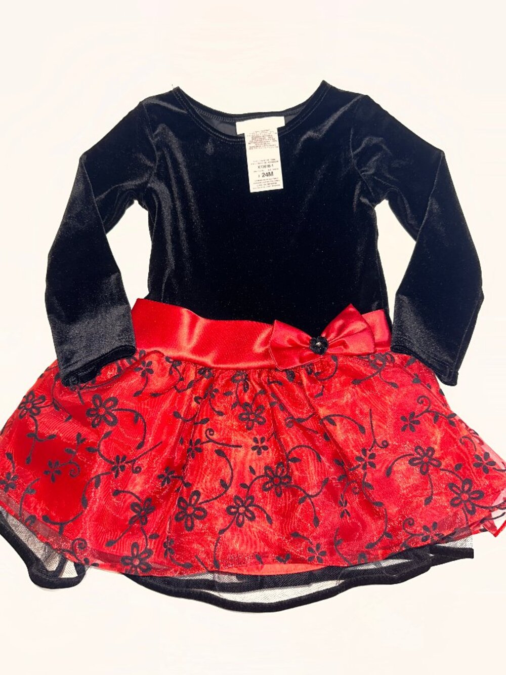 Bonnie Jean Girls Black Velvet Red Floral Tulle Party Holiday Dress Sz 24mo #699